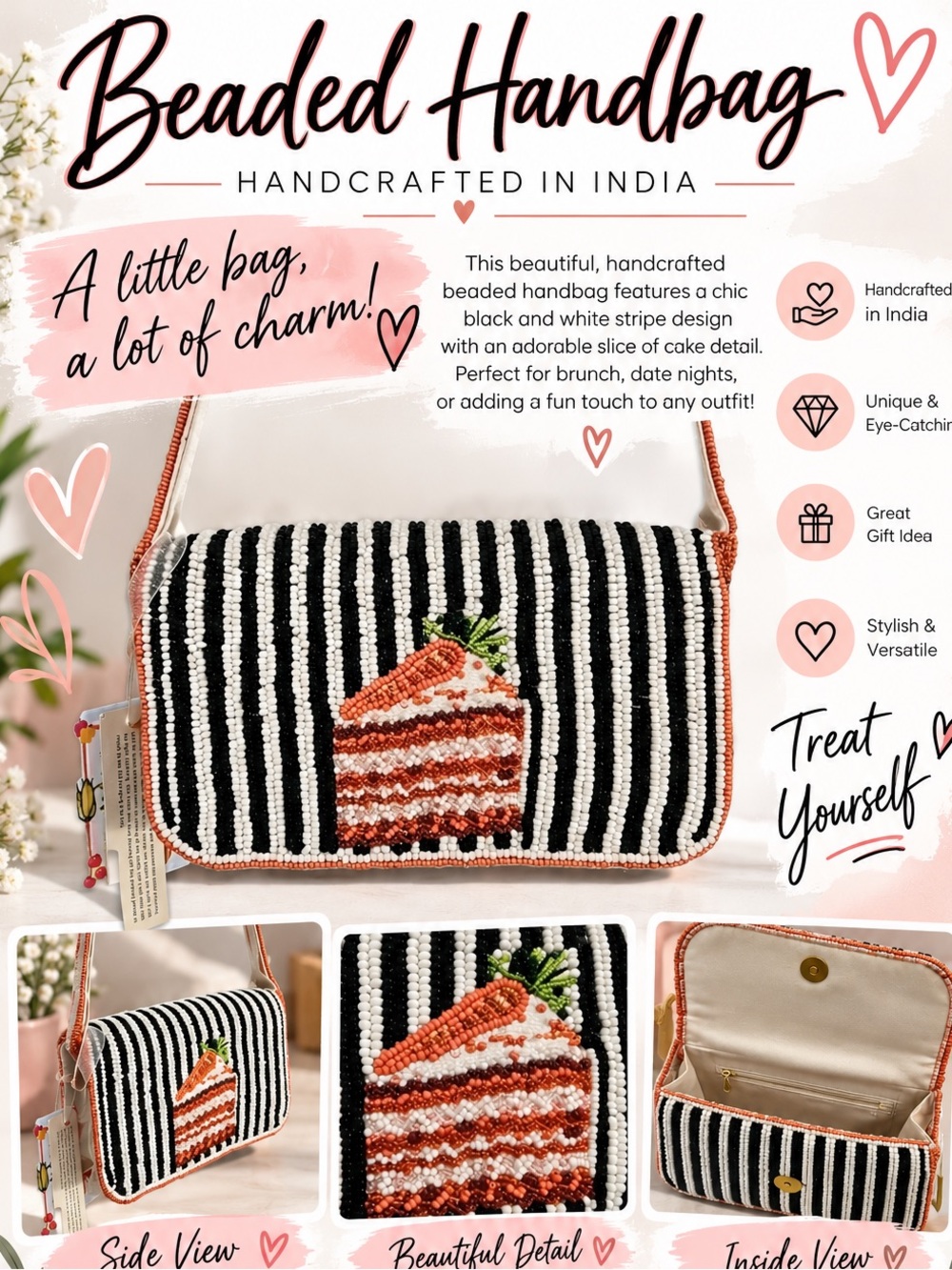 Beaded Black & White Stripe Shoulder Bag with Carrot Cake Motif